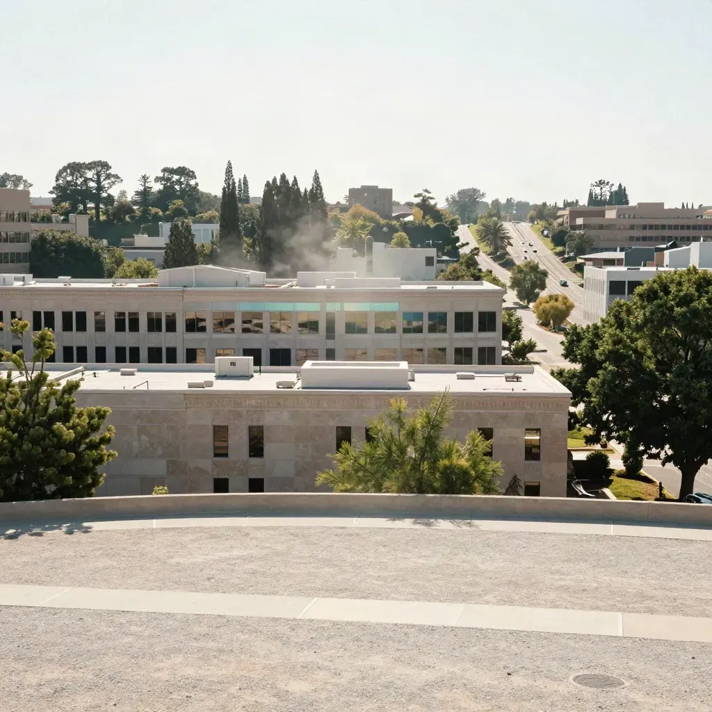 North Austin limestone offices, rooftops, cedar trees and open calm forecourt under summer light.
