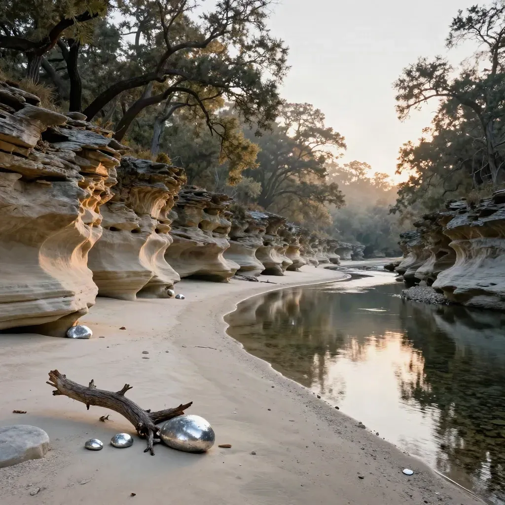 Barton Creek at sunset with limestone ledges, live oaks, and a calm creek bed foreground.