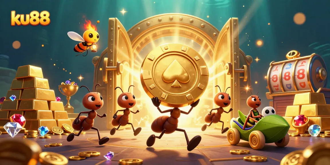 ku88 ants heist scene with golden poker chip and jackpot elements in vivid 3D