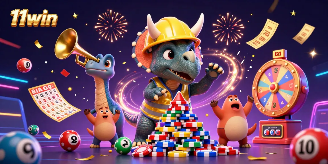 Experience the excitement of 11win as a triceratops builds a poker chip pyramid amidst lottery and bingo elements.