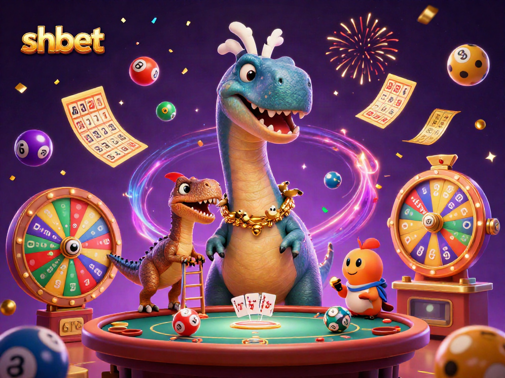 Engaging shbet casino scene with a dinosaur dealer and colorful lottery elements.