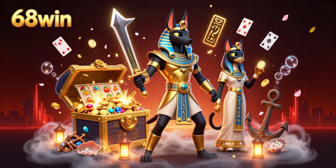 Experience the thrill of 68win with Anubis and Bastet under colorful slot reels and treasure troves.