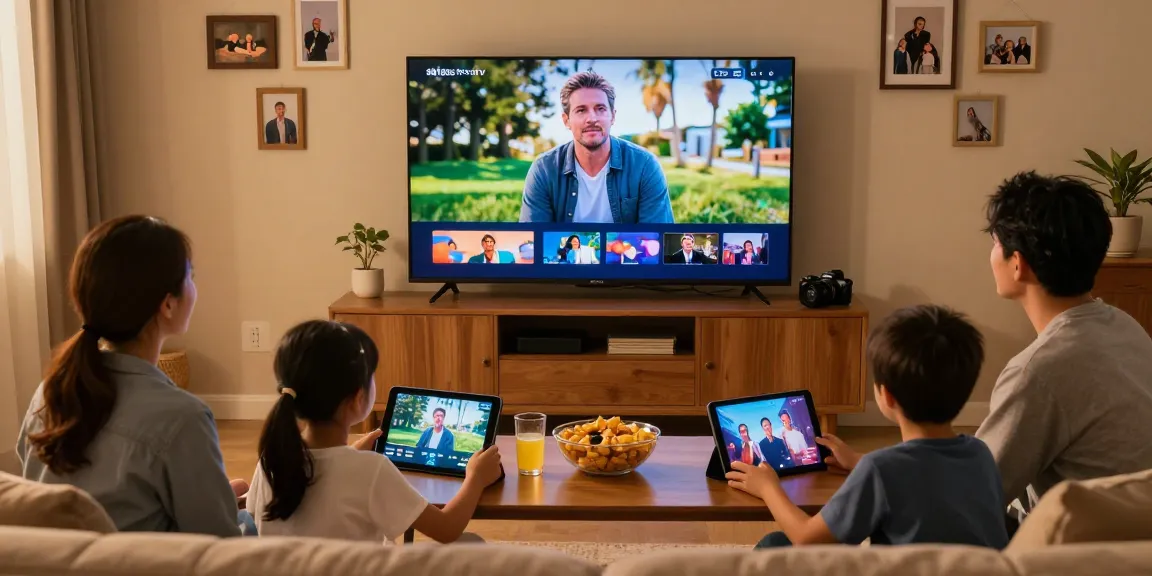 Family enjoying streaming atlas pro iptv on Smart TV in cozy living room