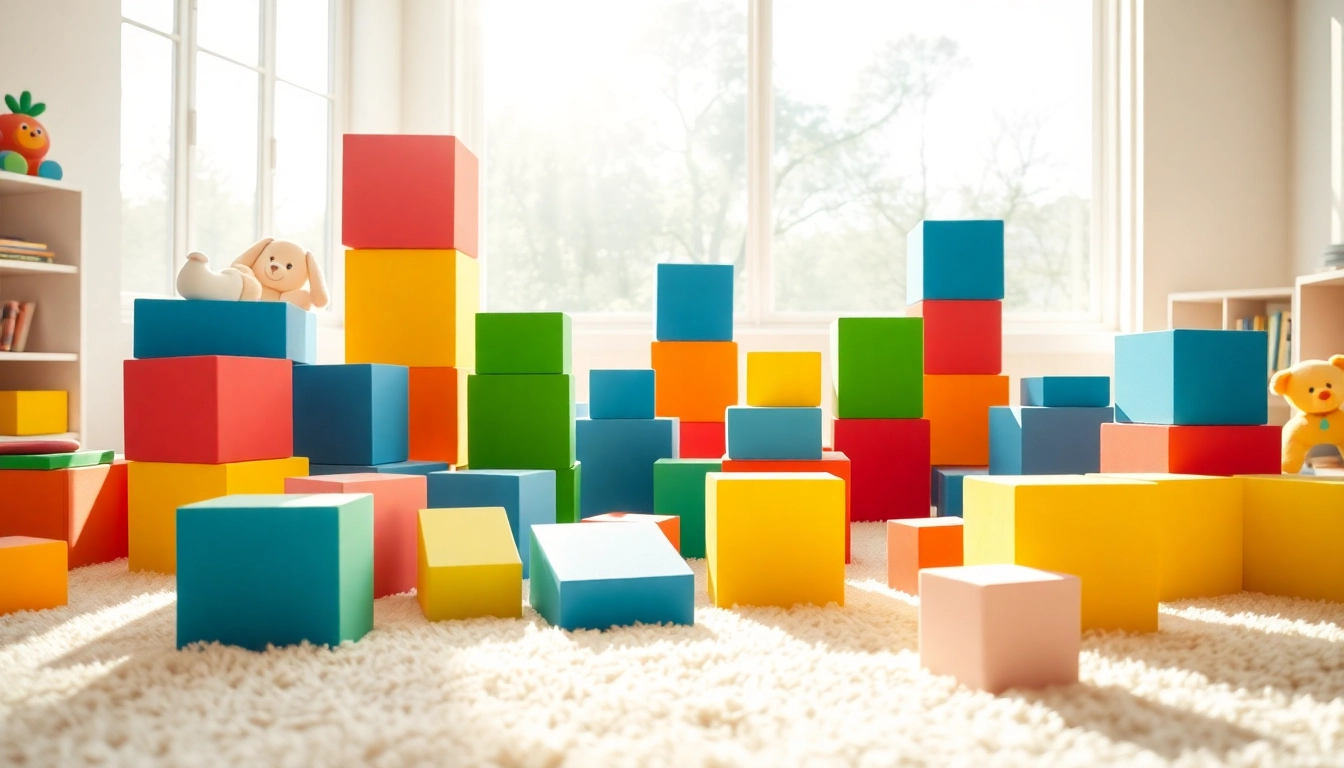 Engaging scene with soft foam building blocks inviting play; read more here for fun ideas.