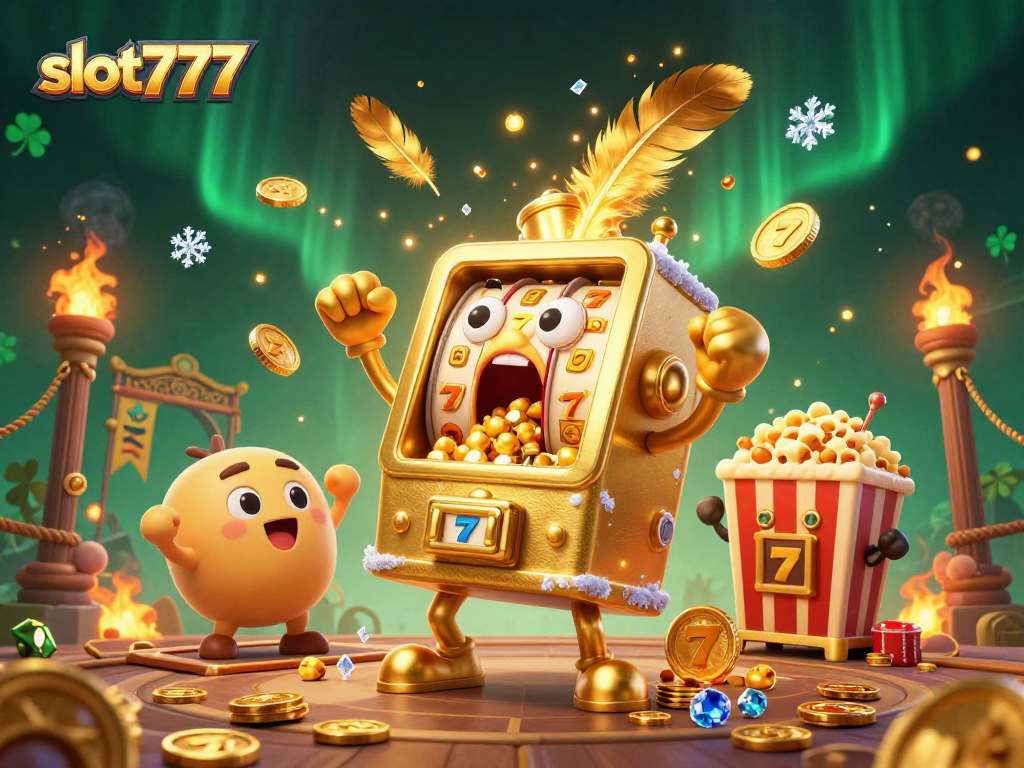 Experience slot777's jackpot excitement with a cheerful cartoon slot machine celebrating wins amidst golden coins
