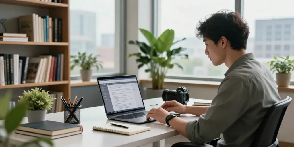 AI content creator at a modern workspace, engaged in text generation process.