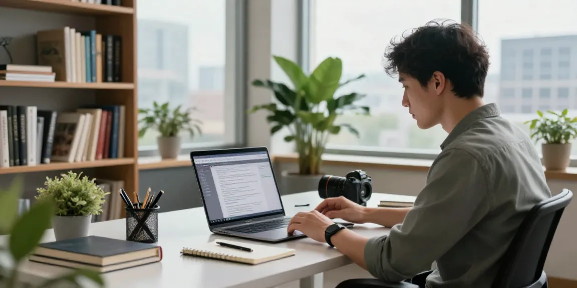 AI content creator at a modern workspace, engaged in text generation process.