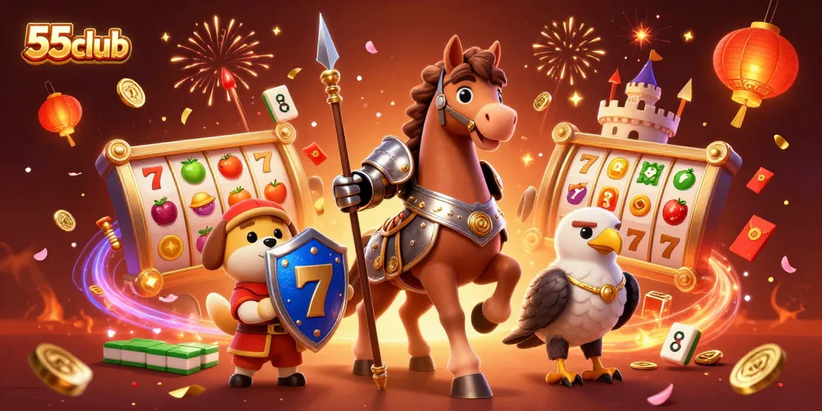Experience the thrill of winning at 55club with vibrant slot reels, lucky 7s, and festive decor in a dynamic illustration.