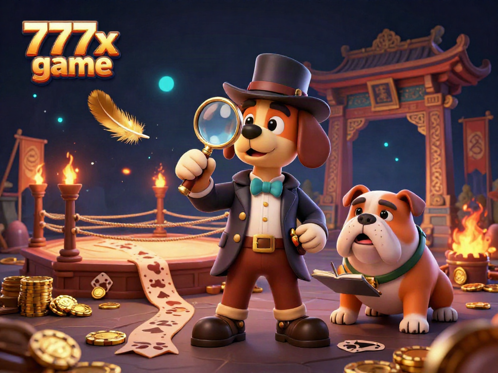 Join the adventure with the 777x game where a detective bloodhound explores poker clues amidst a vibrant casino scene.