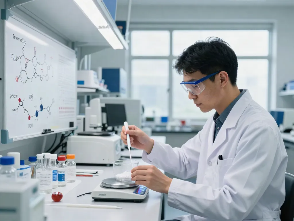 Researching tesamorelin peptide in a laboratory with precise measurements and scientific equipment.