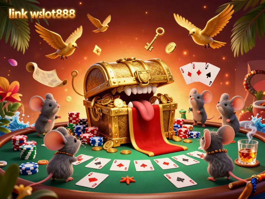 Menangkan kaya dengan link wslot888, ilustrasi 3D slot dengan peti harta, kartu poker, dan chip.