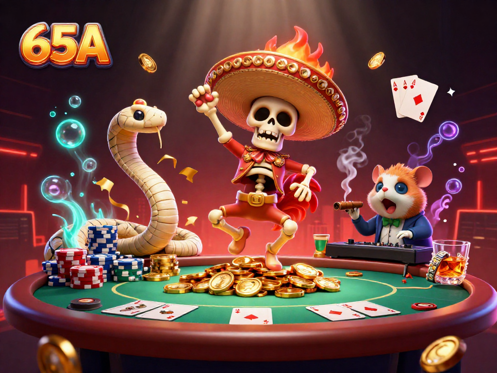 O 65A ganha vida com um esqueleto mariachi dançando entre fichas de poker e moedas de ouro.