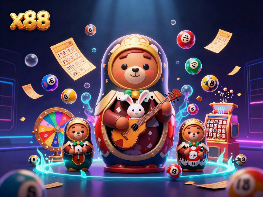 x88 gamers celebrate with colorful lottery balls and gambling-themed characters in a vibrant scene.