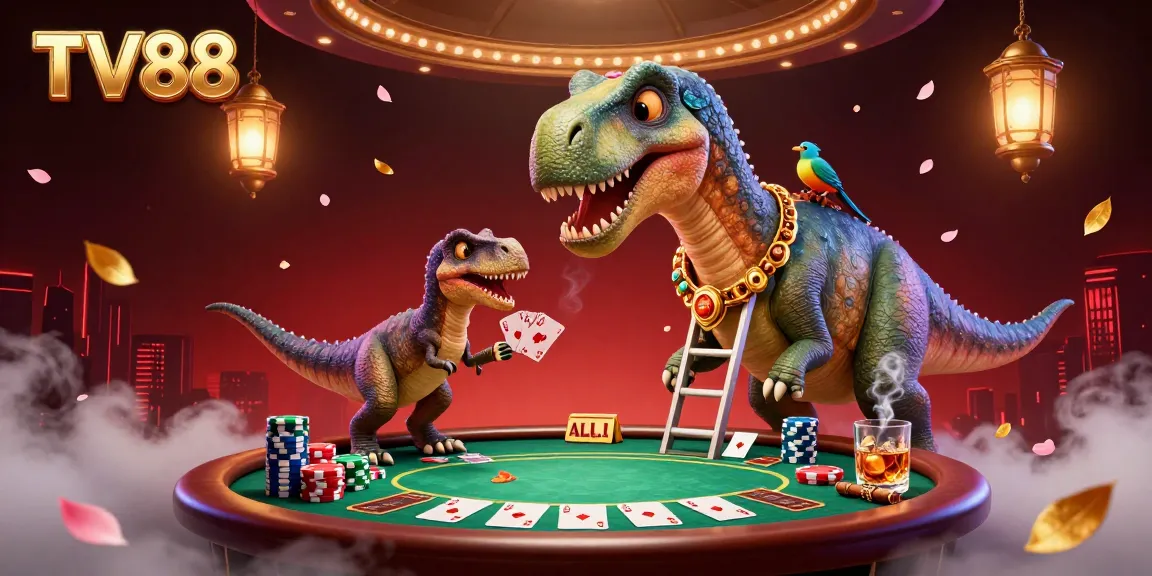 Experience the vibrant casino scene at TV88 with a towering brontosaurus playfully engaging in poker action.