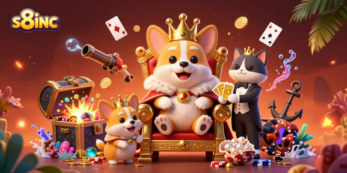 Experience exciting gaming action at s8inc with a royal corgi surrounded by treasure and casino elements.