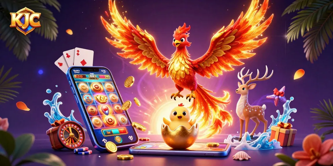 KJC promotes a vibrant casino experience with a phoenix and baby phoenix amidst gaming elements.