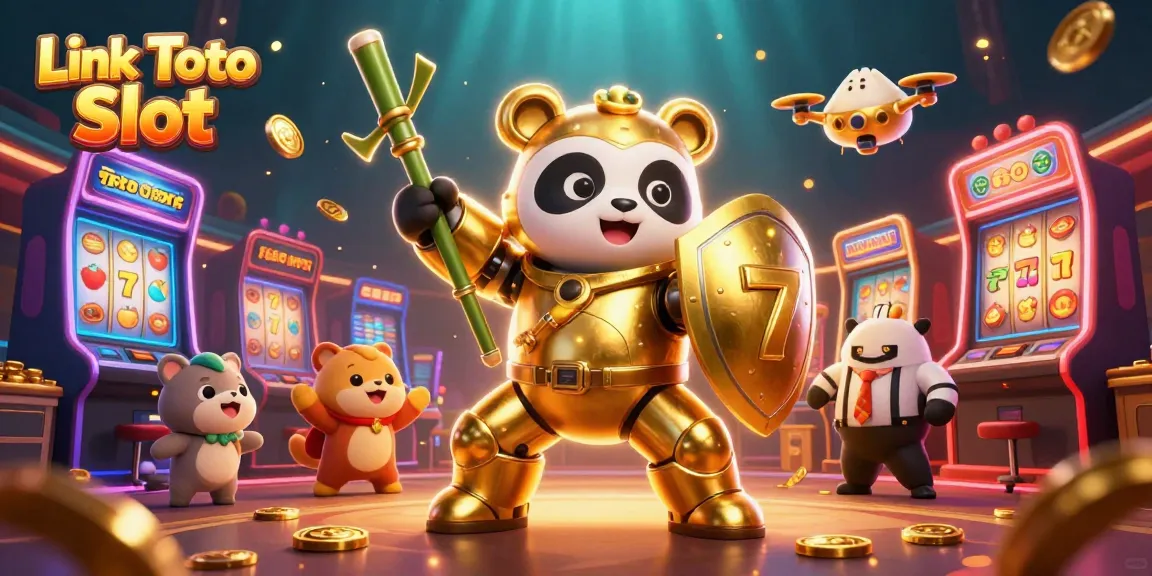 Mainkan Link Toto Slot dengan panda emas dan simbol slot di arena kasino yang ramai.