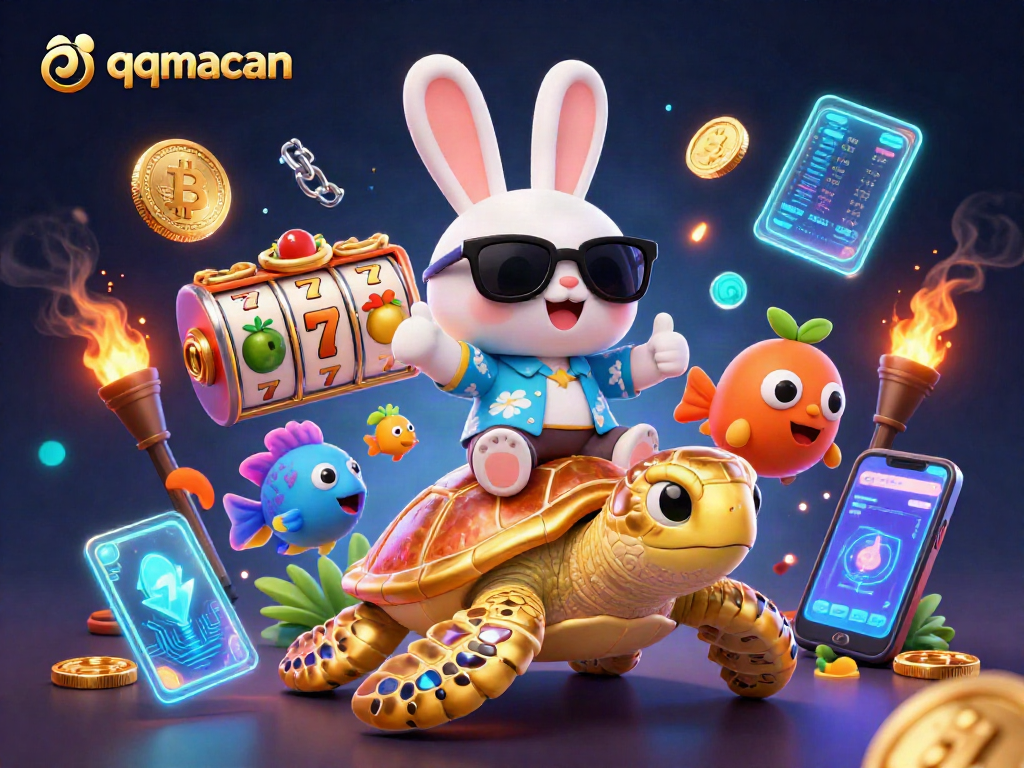 Play exciting slot games on qqmacan with a cartoon rabbit and golden turtle in a colorful casino scene