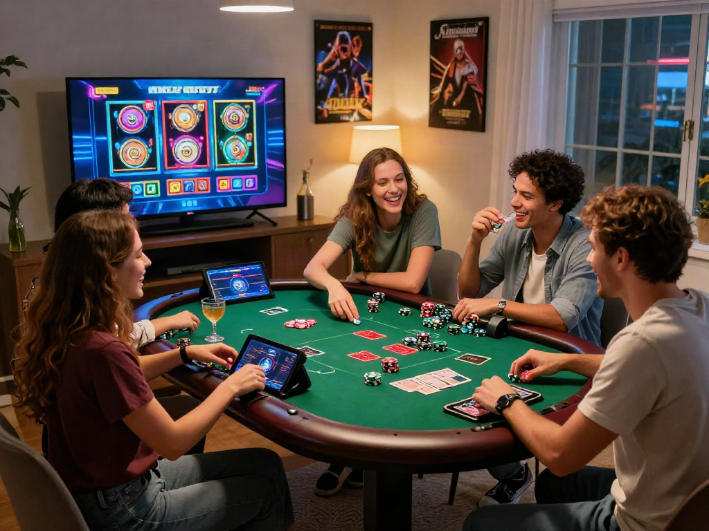 Friends enjoying a lively slot gacor hari ini game night with devices and drinks.