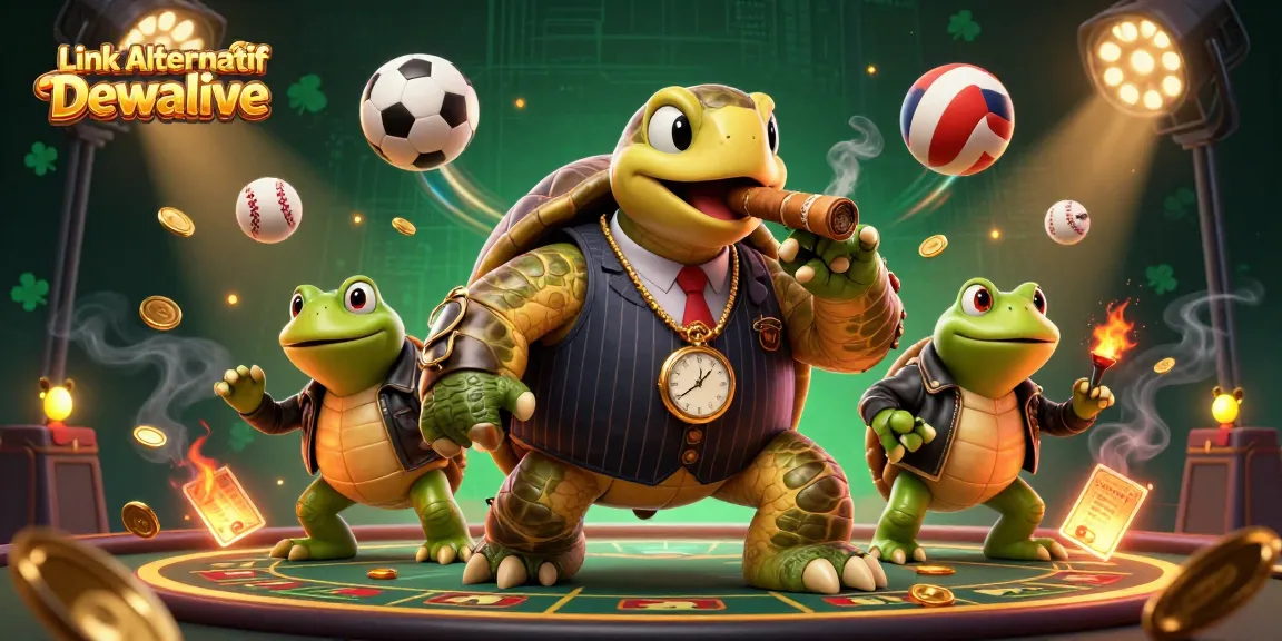 Experience the thrilling excitement of Link Alternatif Dewalive with a vivid scene showcasing a turtle mobster and bullfrog enforcers.