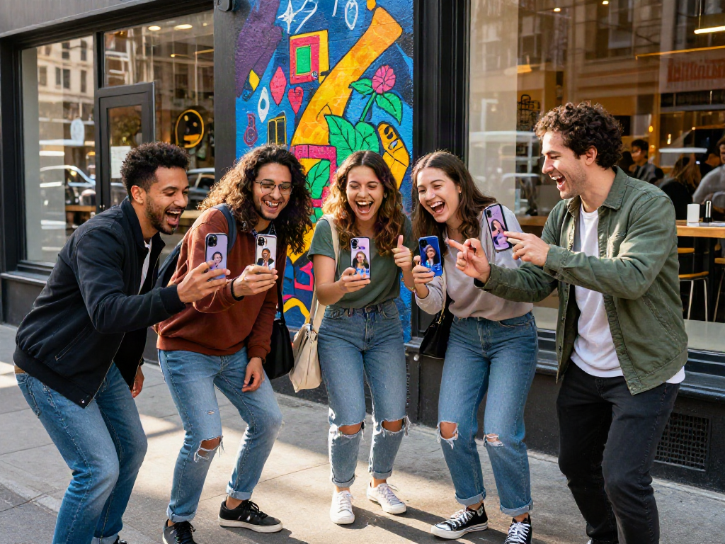 Group of friends discovering their celebrity look alikes in a vibrant urban setting.