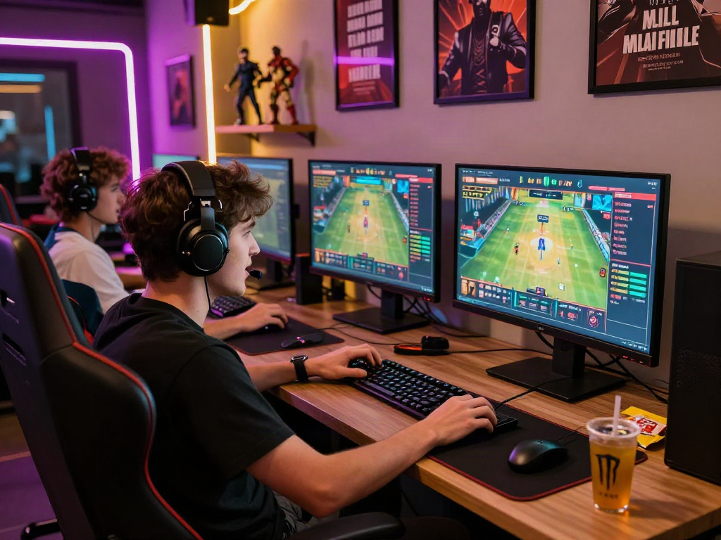 Engaged gamer using 먹튀스팟 검증사이트 on multiple screens in a vibrant gaming setup.