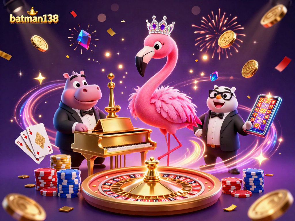 Engage with batman138 in a vibrant casino scene featuring a flamingo singer and poker elements.