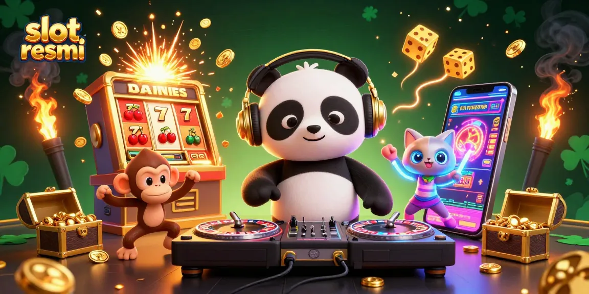 Engage with slot resmi through vibrant 3D illustration of a DJ panda, dancing monkey, and kitten among casino symbols.
