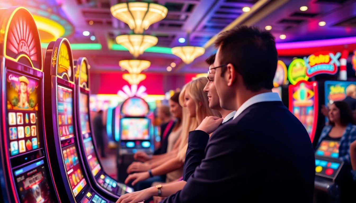 Engaged players enjoying slot gambling with colorful machines in a lively casino environment.