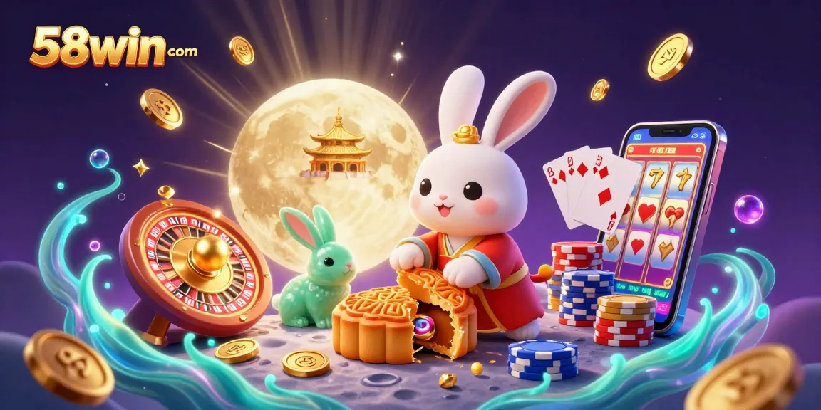 Experience 58win com with 3D illustrated characters and vibrant casino elements in a magical setting.