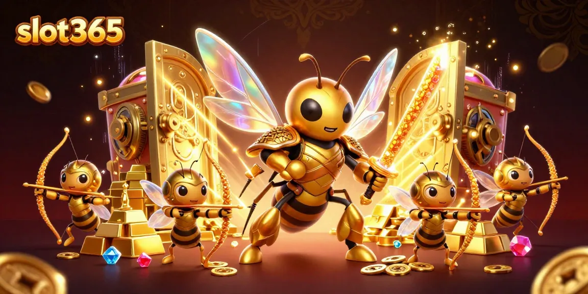 Spin and win with slot365 in a vibrant 3D casino illustration featuring stacked gold and jewels.