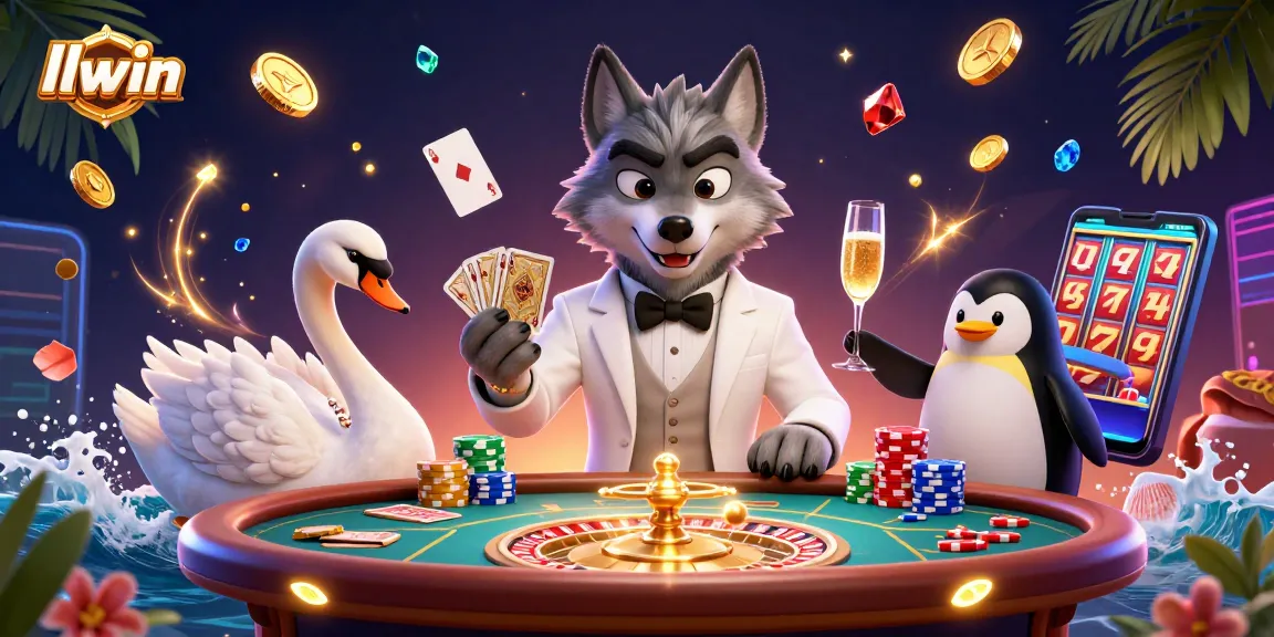 llwin's baccarat experience illustrated with a debonair wolf and elegant swan at the casino table.