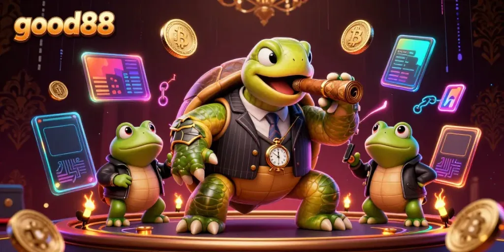 Experience excitement at good88 with a vibrant casino scene featuring animated characters and crypto elements.