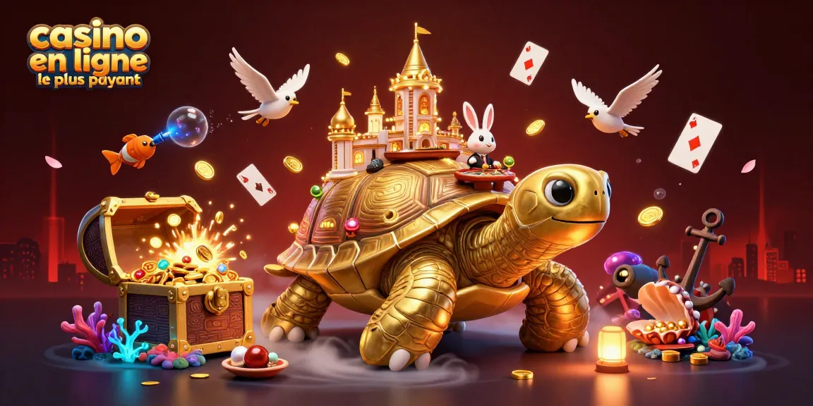 Jouez au casino en ligne le plus payant avec une scène ludique de tortue dorée et un croupier.