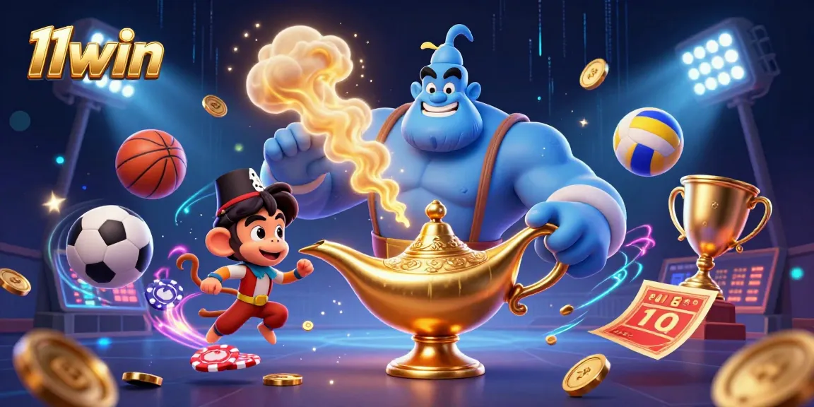 Experience thrilling wins with 11win through a lively casino illustration featuring sports and gaming elements.