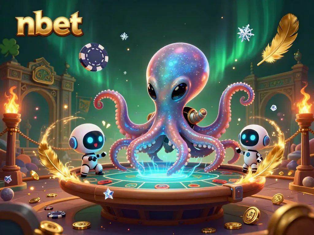 Experience thrilling gambling at nbet with an alien octopus and robot in a vibrant cosmic casino scene.
