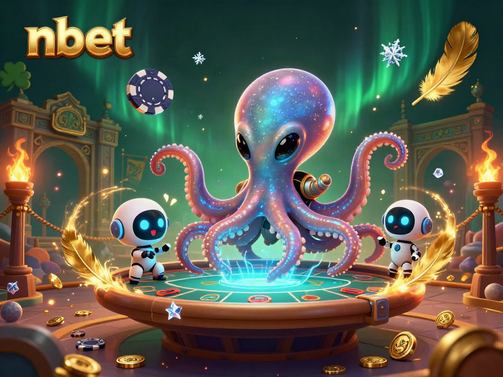 Experience thrilling gambling at nbet with an alien octopus and robot in a vibrant cosmic casino scene.