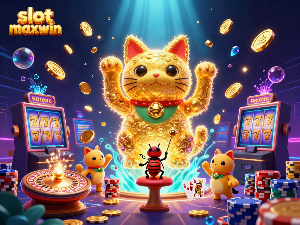 Experience slot maxwin with a vibrant 3D scene of a lucky cat formed by fireflies, cascading coins, and slot reels.