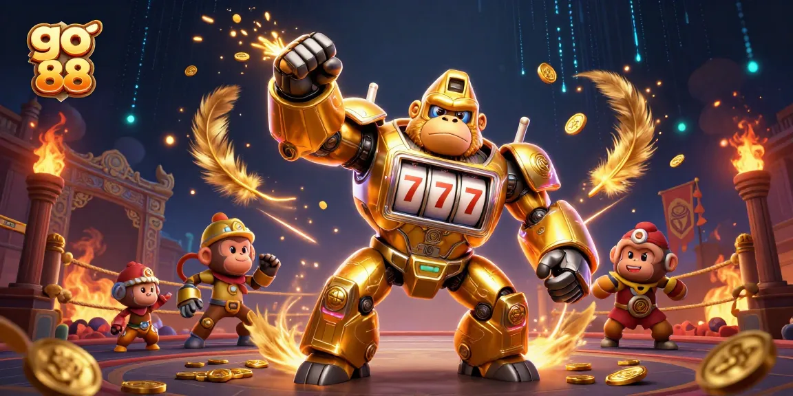 Engage with go 88's thrilling atmosphere featuring a golden gorilla mech and dynamic casino elements.