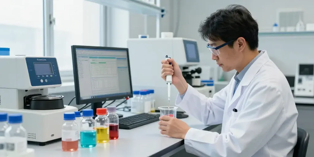 Scientist measuring SwissChems peptide solutions in a modern lab setting.