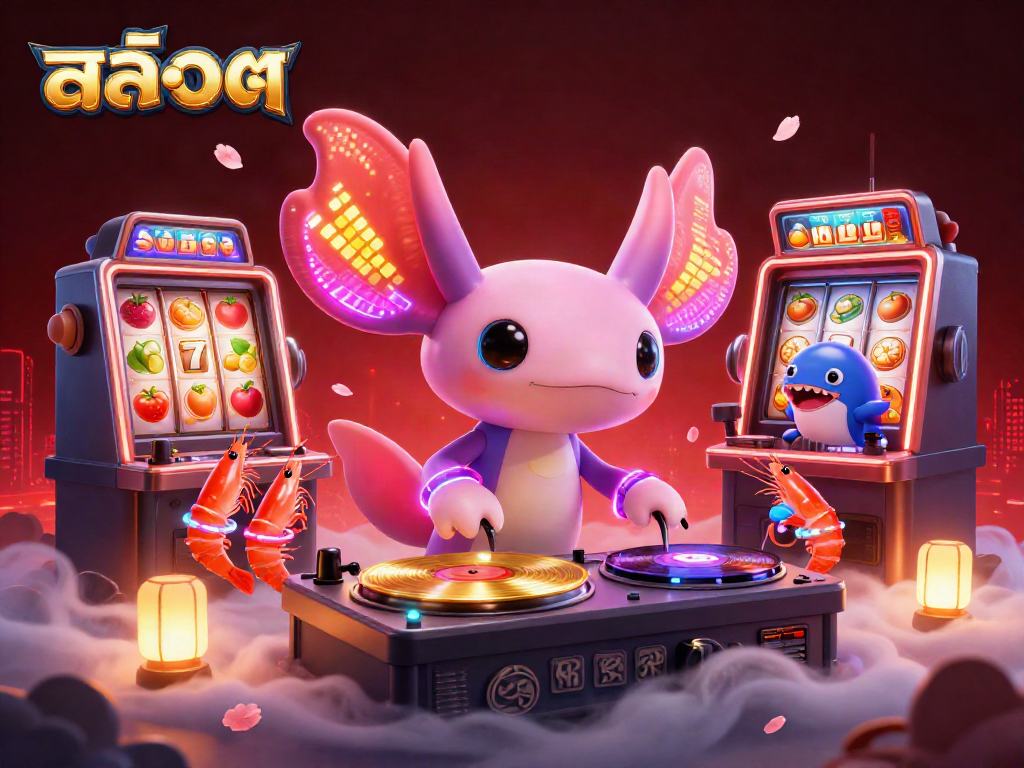 Win big with สล็อต in this vibrant and lively 3D casino scene featuring a DJ and slot machines.