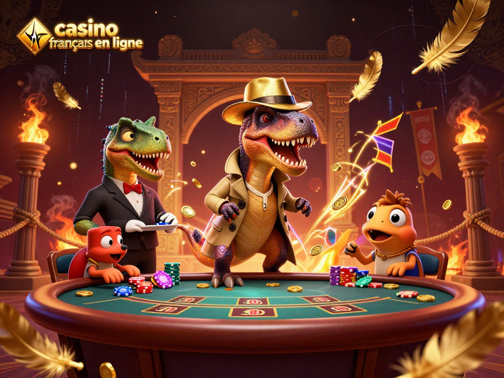 Une illustration dynamique d'un casino francais en ligne avec des personnages 3D en plein jeu de blackjack, entourés de pièces d'or.