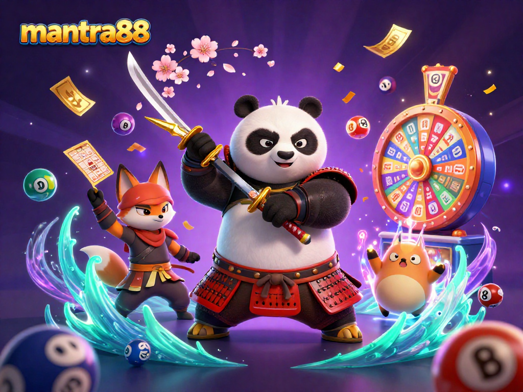 Play thrilling games with mantra88, featuring samurai and fox characters in an exciting casino scene.