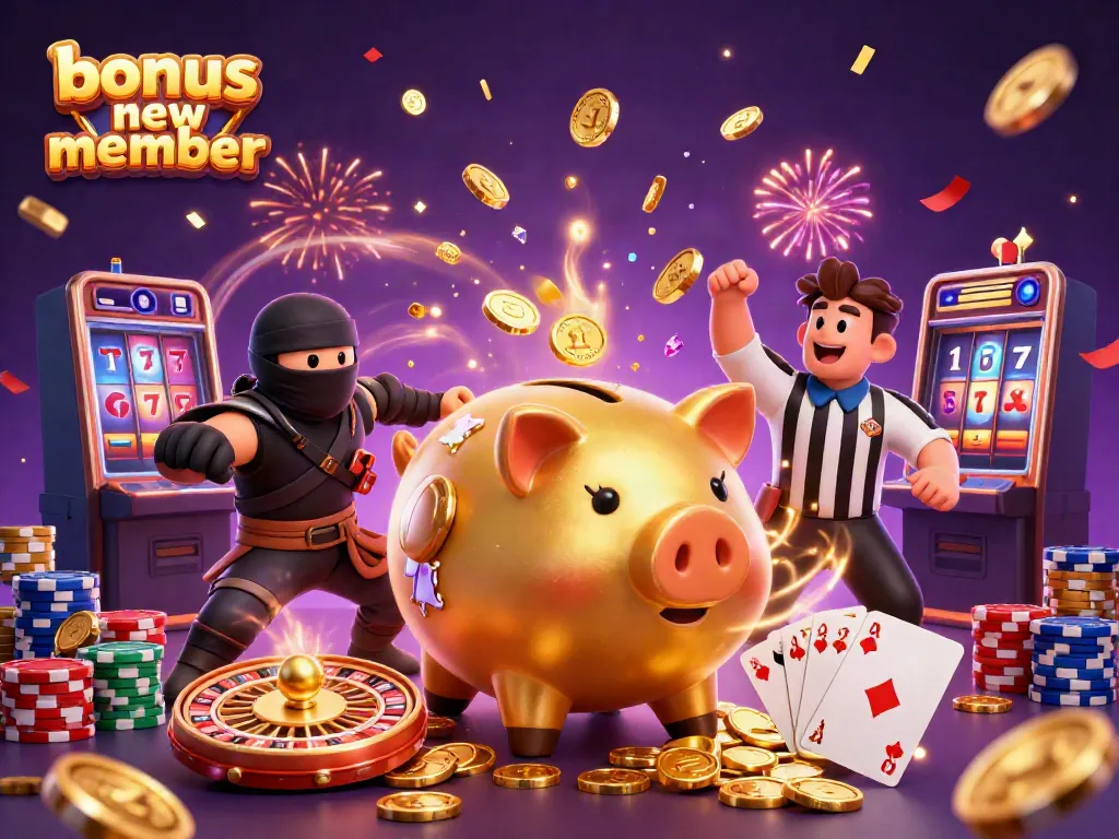 Engage with the bonus new member promotion through a dynamic casino illustration with characters and thrilling elements.