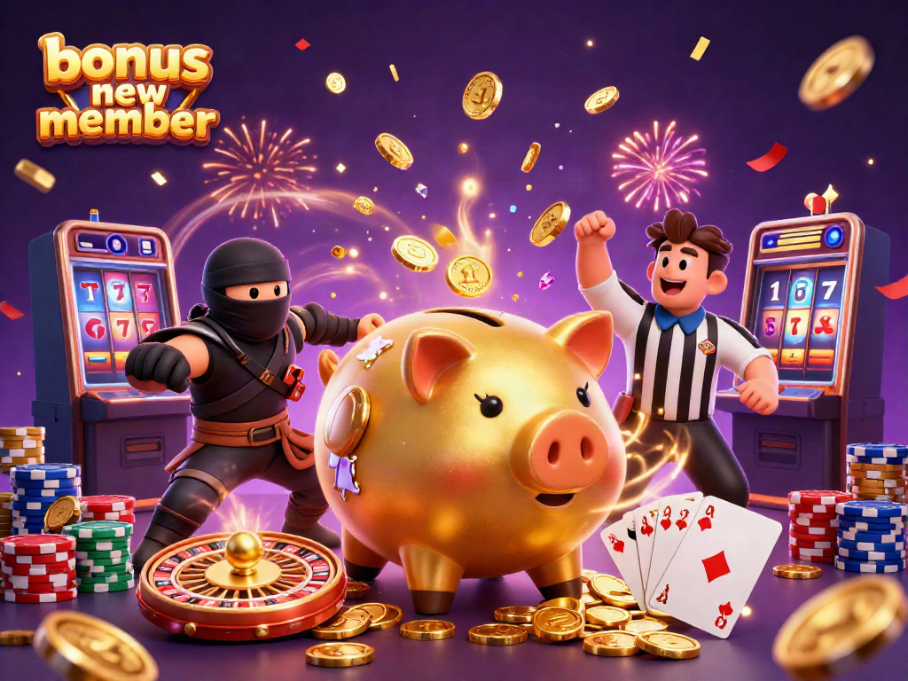 Engage with the bonus new member promotion through a dynamic casino illustration with characters and thrilling elements.