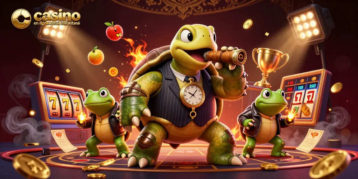 Casino en ligne retrait instantané : illustration dynamique d'une tortue en costume et ses alliés dans un cadre de casino