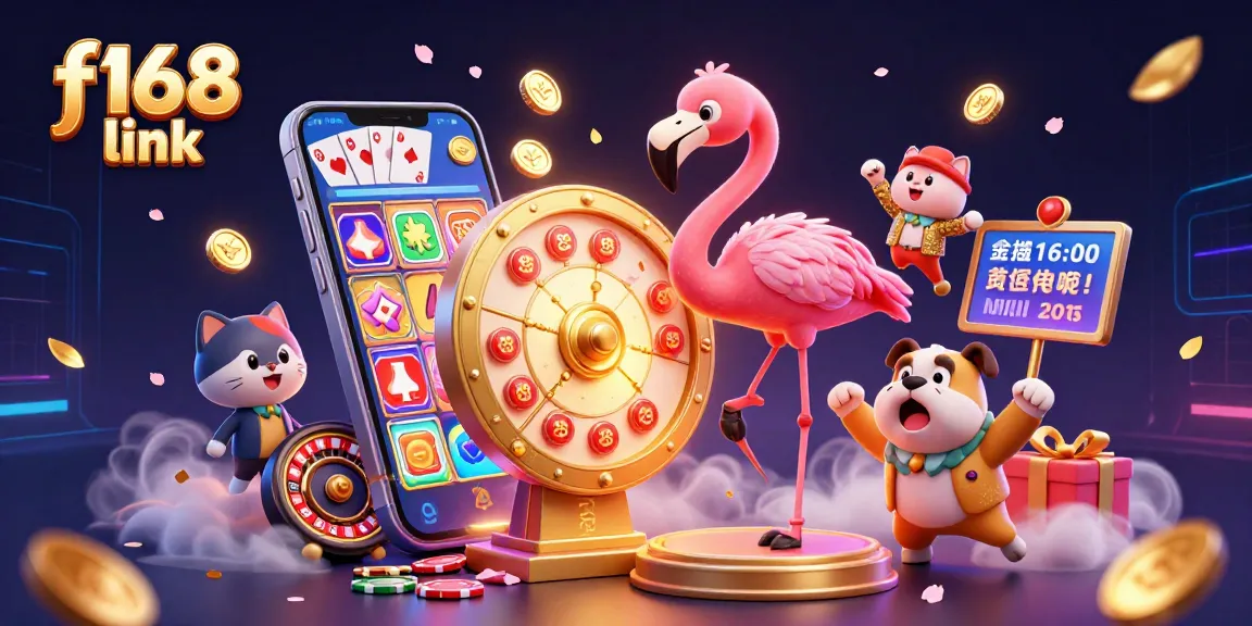 Engage with the f168 link as a dynamic game show unfolds featuring a flamingo host and exciting casino elements.