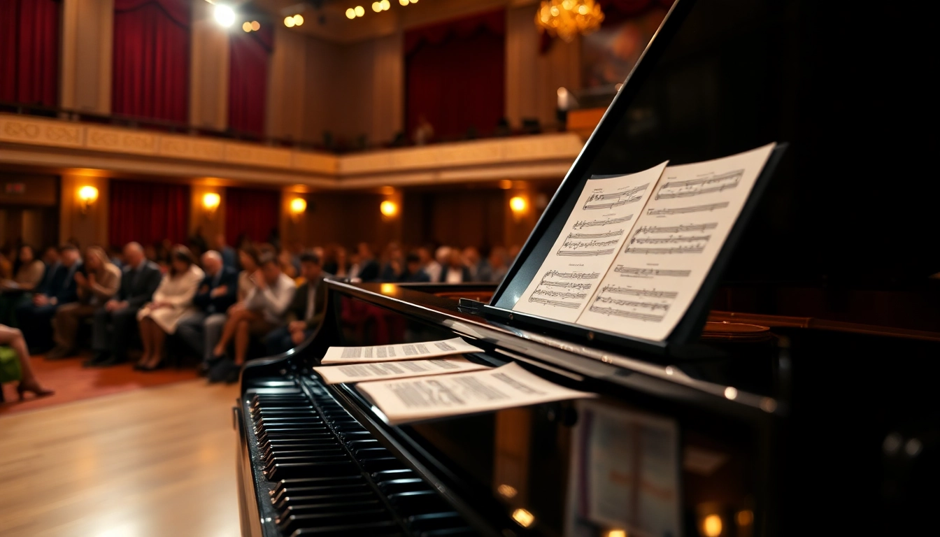 Experiența muzica clasica într-o sală de concert elegantă cu un pian strălucitor.