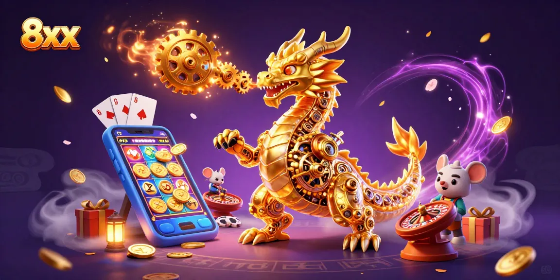 Spin the reels of 8xx with a dynamic scene featuring a golden dragon and engaging casino elements.