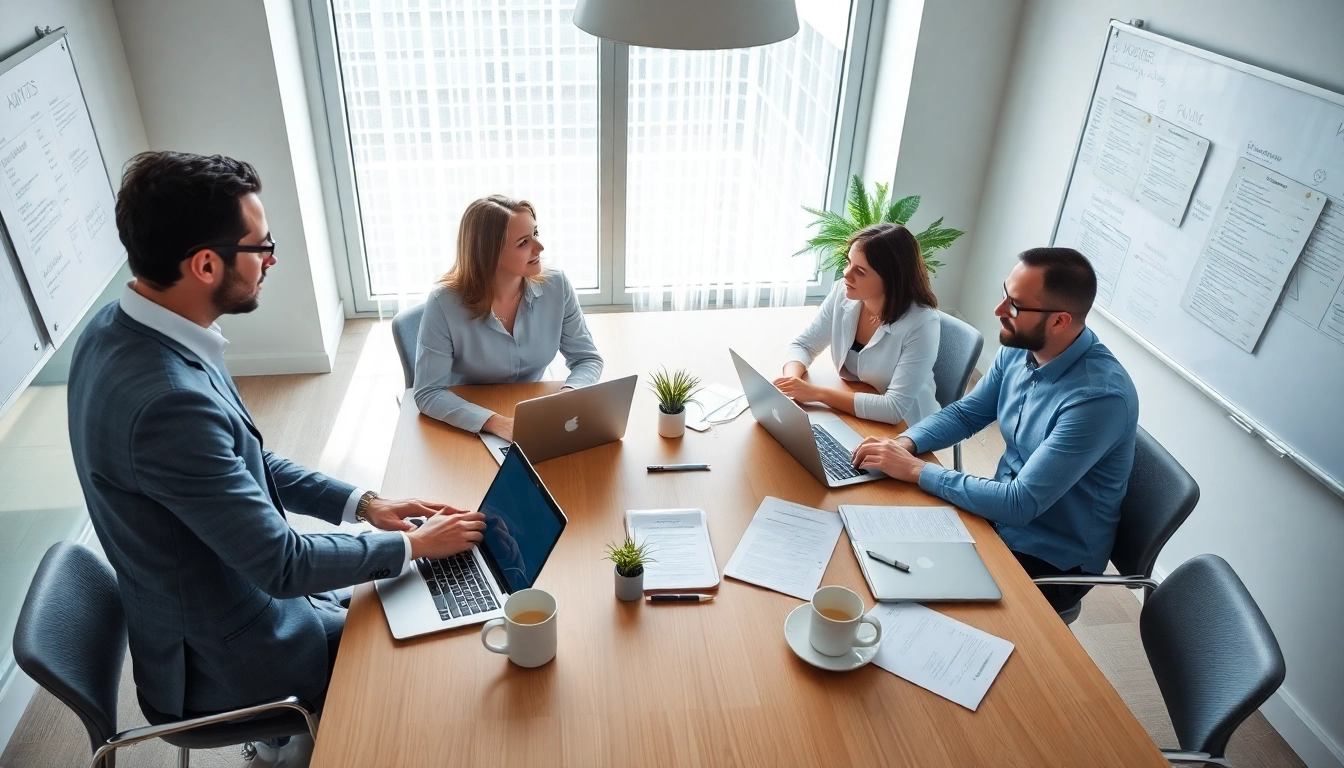 Recruiting agencies collaborating professionally over a table of resumes and technology.